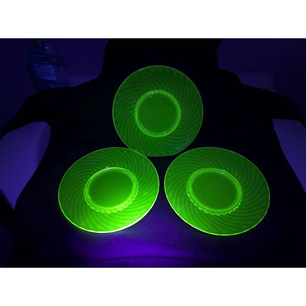 Set Of 3 Imperial Glass Uranium Saucers Twisted Optic Plates Vaseline Glass VTG